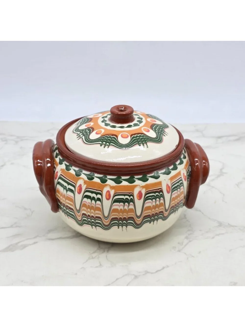 Bulgarian Gyuvetch Red Clay Pot Casserole Bulgar Handpainted Folk Art Cooker NEW